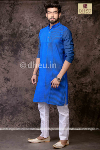 Blue Lagoon - Handloom Pure Cotton Saree-Kurta  Couple Set - Boutique Dheu