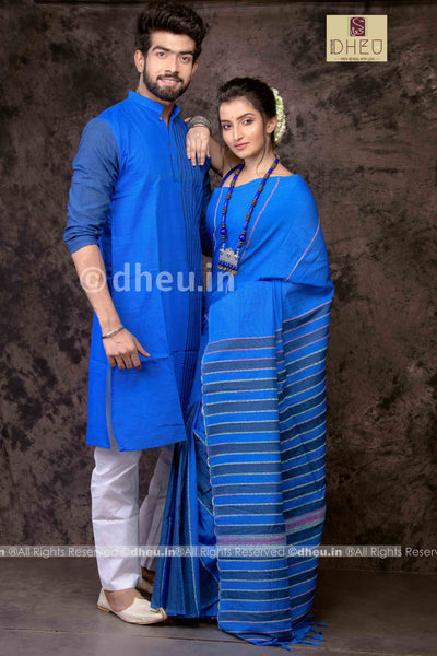 Blue Lagoon - Handloom Pure Cotton Saree-Kurta  Couple Set - Boutique Dheu