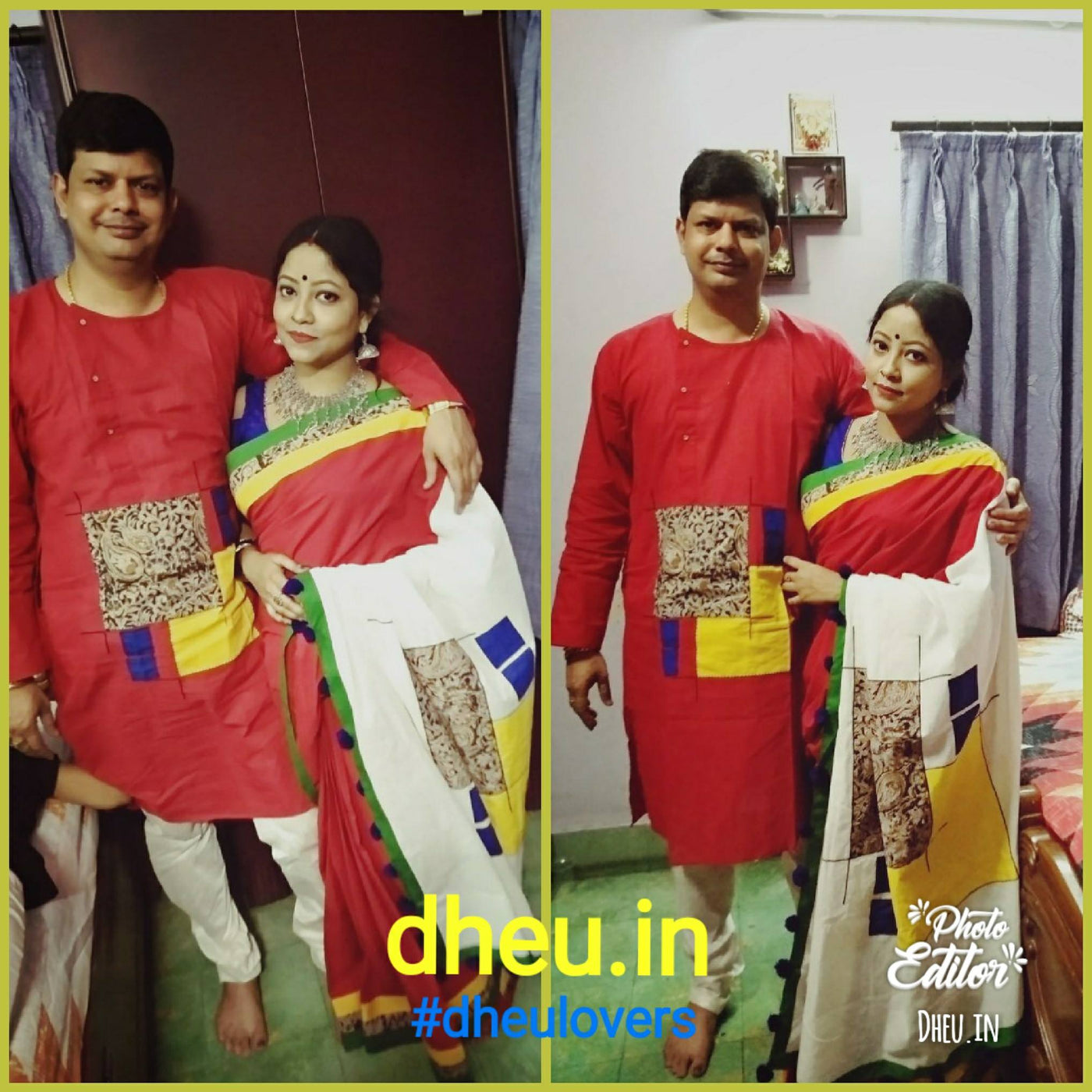 Red Couple-Handloom Pure Cotton Saree-Kurta Couple Set - Boutique Dheu