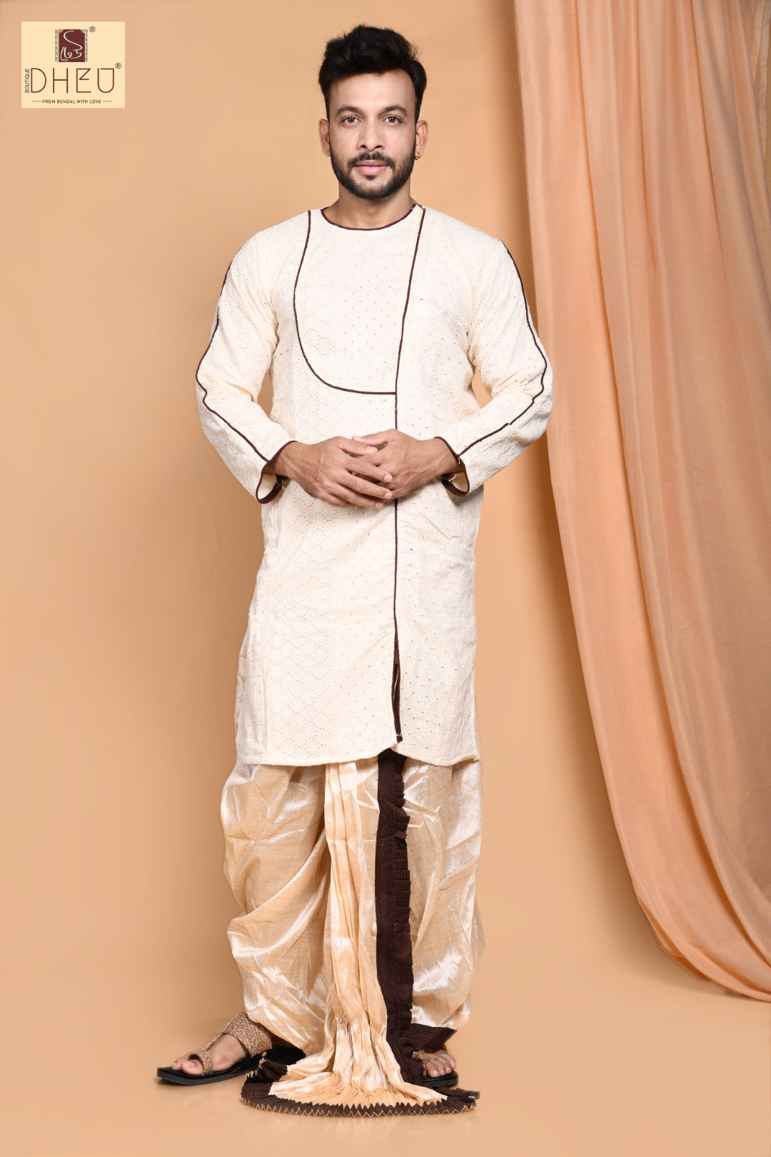 Perfect off-white kurta with beige ready to wear dhoti from dheu.in