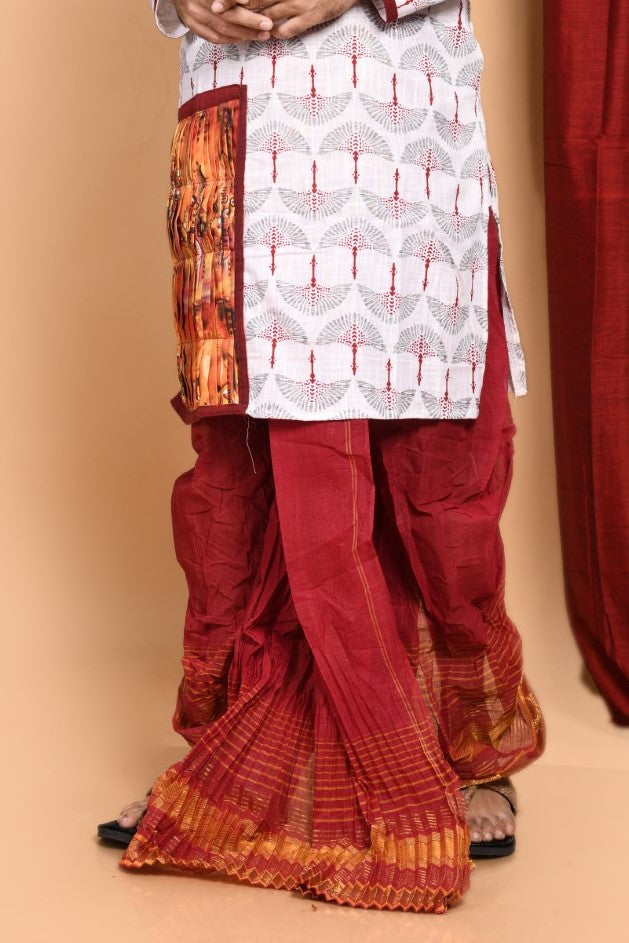 Moyur Puccha Bengali Cotton Dhoti- Ready to wear