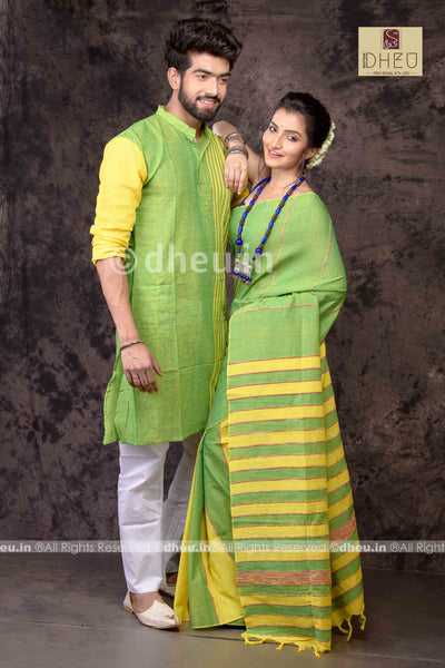 Gorgeous Green - Handloom Pure Cotton Saree-Kurta Couple Set - Boutique Dheu
