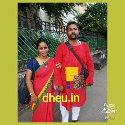 Red Couple-Handloom Pure Cotton Saree-Kurta Couple Set - Boutique Dheu
