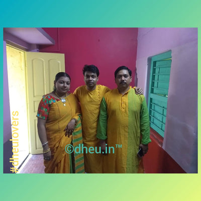Yellow-Green- Handloom Pure Cotton Saree-Kurta Couple Set - Boutique Dheu