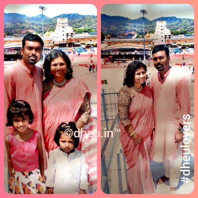 Rose Pink- Handloom Pure Cotton Saree-Kurta Couple Set - Boutique Dheu