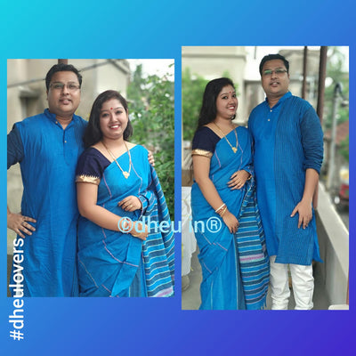 Blue Lagoon - Handloom Pure Cotton Saree-Kurta  Couple Set - Boutique Dheu