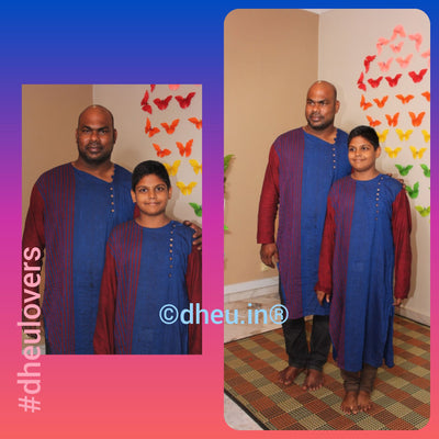 Bold Blue-Handloom Pure Cotton Saree-Kurta Couple Set - Boutique Dheu