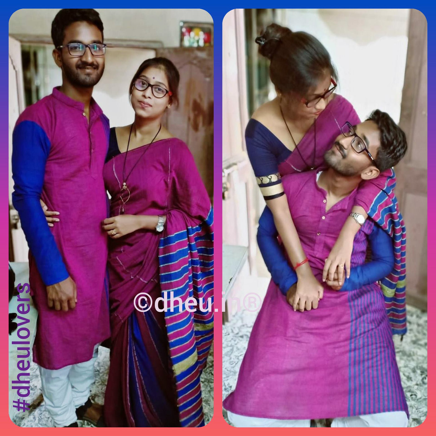 Magical Magenta- Handloom Pure Cotton Saree-Kurta Couple Set - Boutique Dheu
