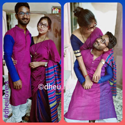 Magical Magenta- Handloom Pure Cotton Saree-Kurta Couple Set - Boutique Dheu