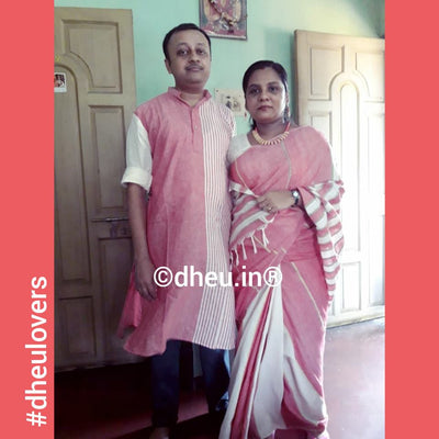 Rose Pink- Handloom Pure Cotton Saree-Kurta Couple Set - Boutique Dheu