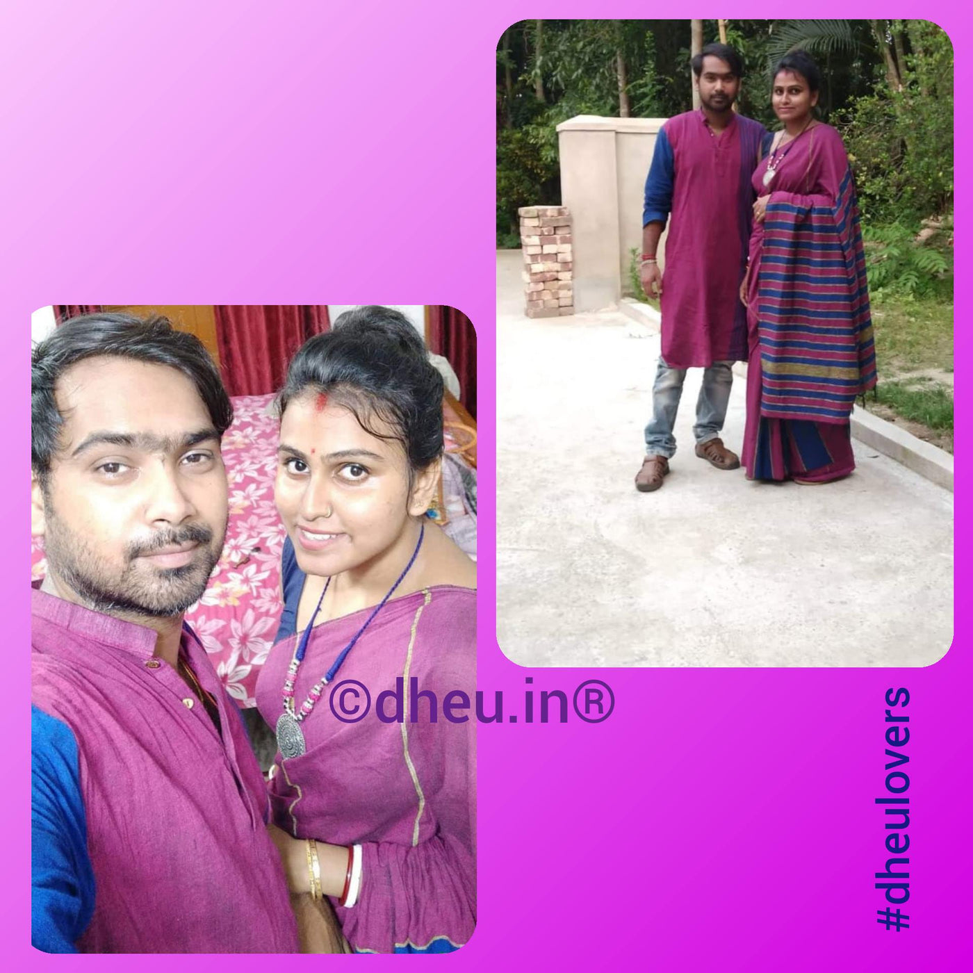 Magical Magenta- Handloom Pure Cotton Saree-Kurta Couple Set - Boutique Dheu