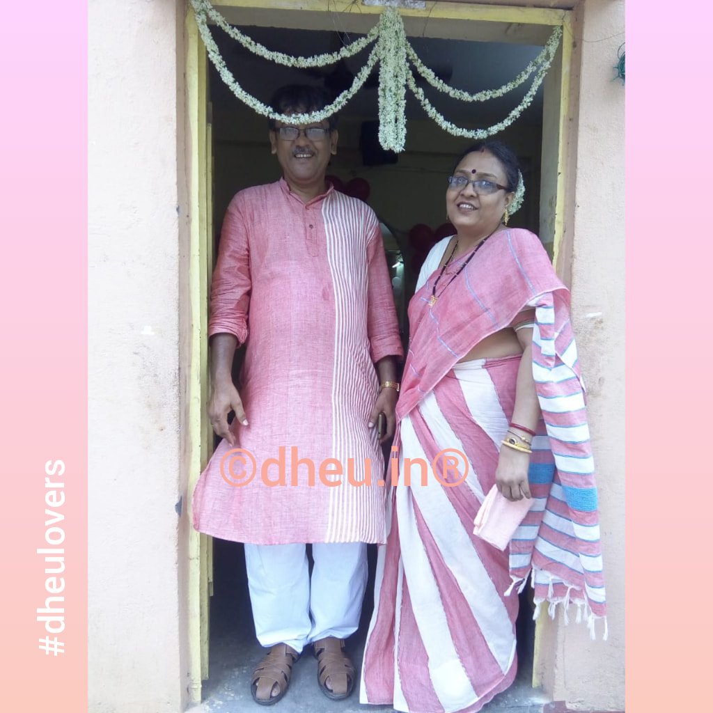 Rose Pink- Handloom Pure Cotton Saree-Kurta Couple Set - Boutique Dheu