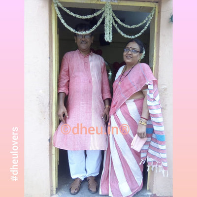 Rose Pink- Handloom Pure Cotton Saree-Kurta Couple Set - Boutique Dheu