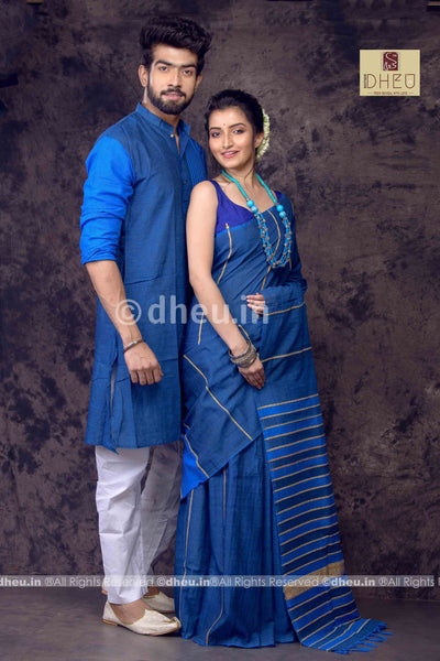 Blue Lily- Handloom Pure Cotton Saree-Kurta  Couple Set - Boutique Dheu