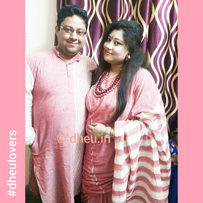 Rose Pink- Handloom Pure Cotton Saree-Kurta Couple Set - Boutique Dheu