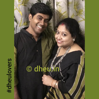 Black Magic- Handloom Pure Cotton Saree-Kurta Couple Set - Boutique Dheu
