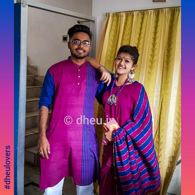 Magical Magenta- Handloom Pure Cotton Saree-Kurta Couple Set - Boutique Dheu