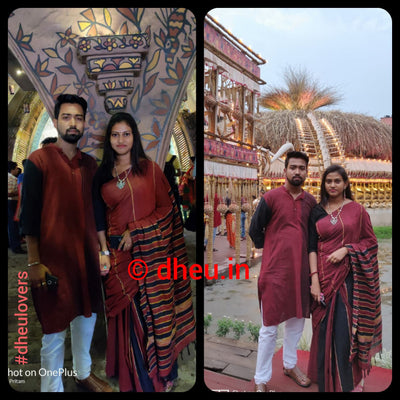Misterious Maroon-Handloom Pure Cotton Saree-Kurta Couple Set - Boutique Dheu
