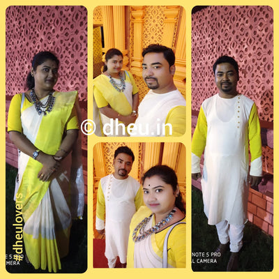 Loving linens- Handloom Linen Saree-Kurta Couple Set