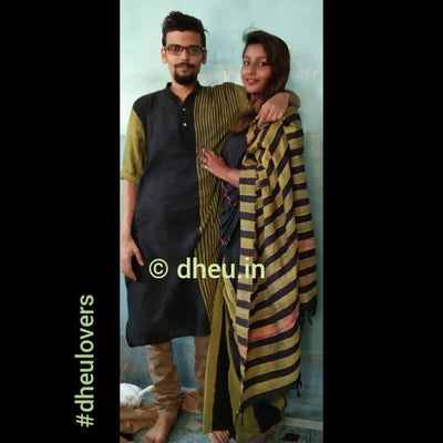 Black Magic- Handloom Pure Cotton Saree-Kurta Couple Set - Boutique Dheu