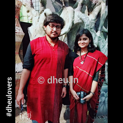 Misterious Maroon-Handloom Pure Cotton Saree-Kurta Couple Set - Boutique Dheu