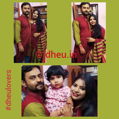 Maroon-Green- Handloom Pure Cotton Saree-Kurta Couple Set - Boutique Dheu