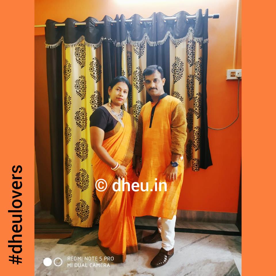 Handloom Pure Cotton Jharna-Khadi Saree-Kurta Couple Set - Boutique Dheu