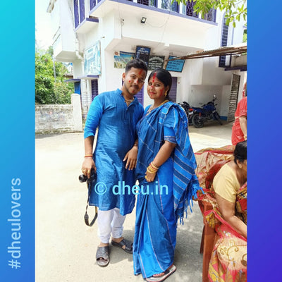 Blue Lagoon - Handloom Pure Cotton Saree-Kurta  Couple Set - Boutique Dheu