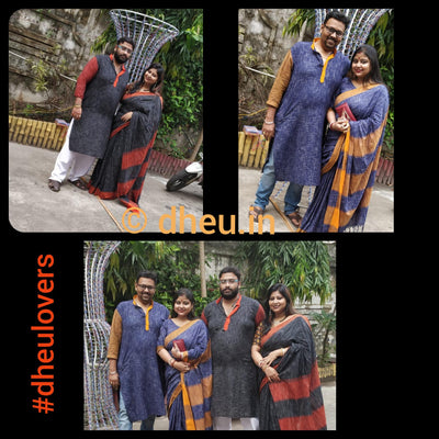 Handloom Pure Cotton Jharna-Khadi Saree-Kurta Couple Set - Boutique Dheu