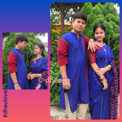 Bold Blue-Handloom Pure Cotton Saree-Kurta Couple Set - Boutique Dheu