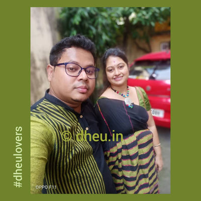 Black Magic- Handloom Pure Cotton Saree-Kurta Couple Set - Boutique Dheu