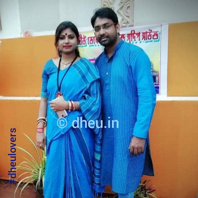 Blue Lagoon - Handloom Pure Cotton Saree-Kurta  Couple Set - Boutique Dheu