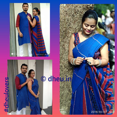 Bold Blue-Handloom Pure Cotton Saree-Kurta Couple Set - Boutique Dheu