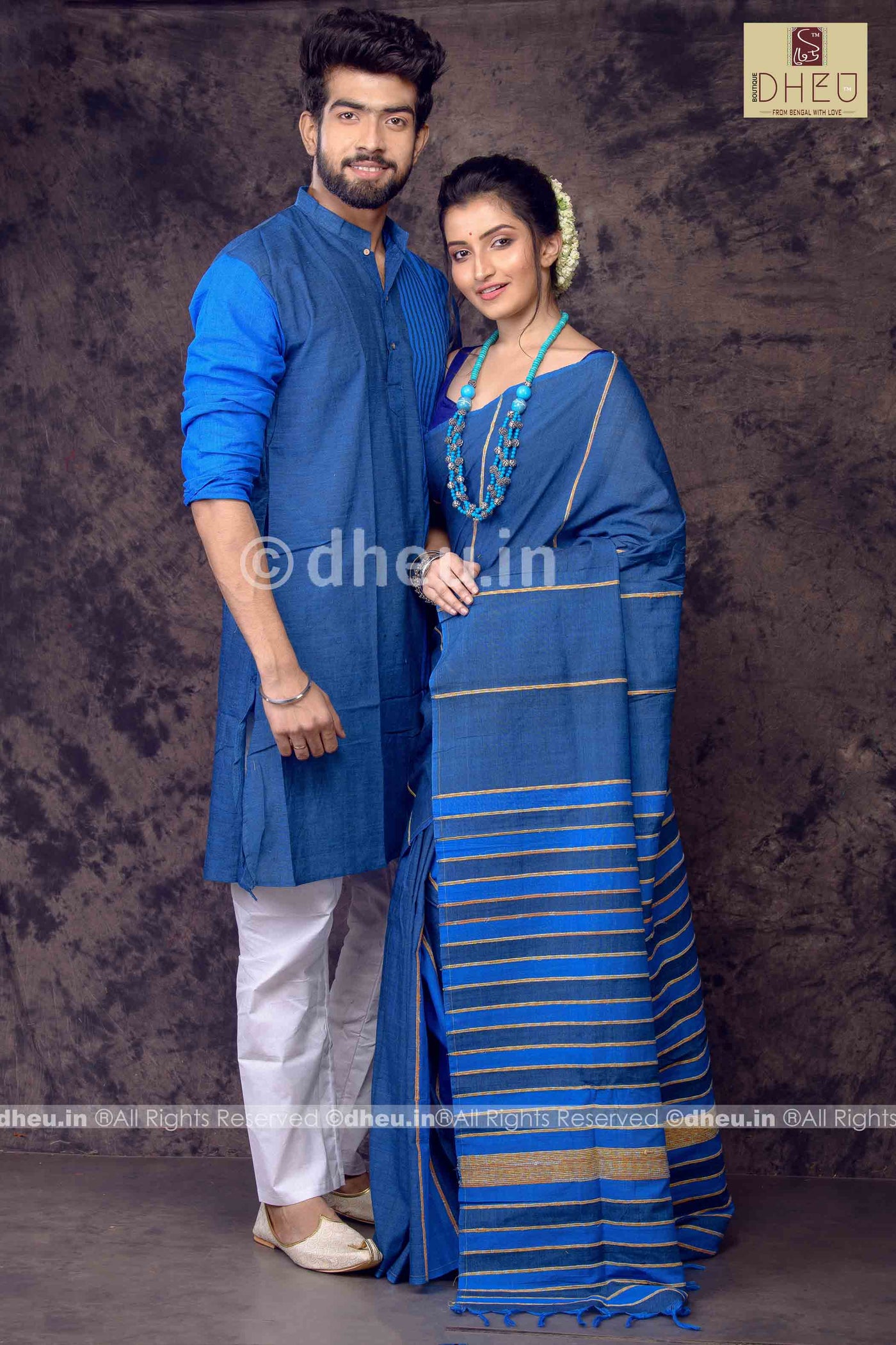 Blue Lily- Handloom Pure Cotton Saree-Kurta  Couple Set - Boutique Dheu