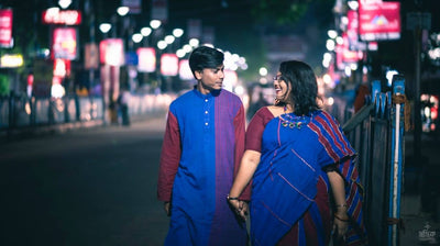 Bold Blue-Handloom Pure Cotton Saree-Kurta Couple Set - Boutique Dheu