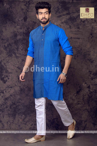Blue Lily- Handloom Pure Cotton Saree-Kurta  Couple Set - Boutique Dheu