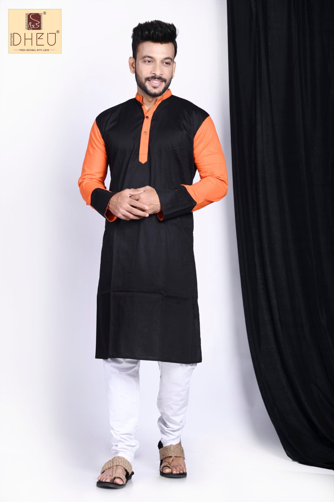 Vibrant black-orange designer kurta at low cost in dheu.in