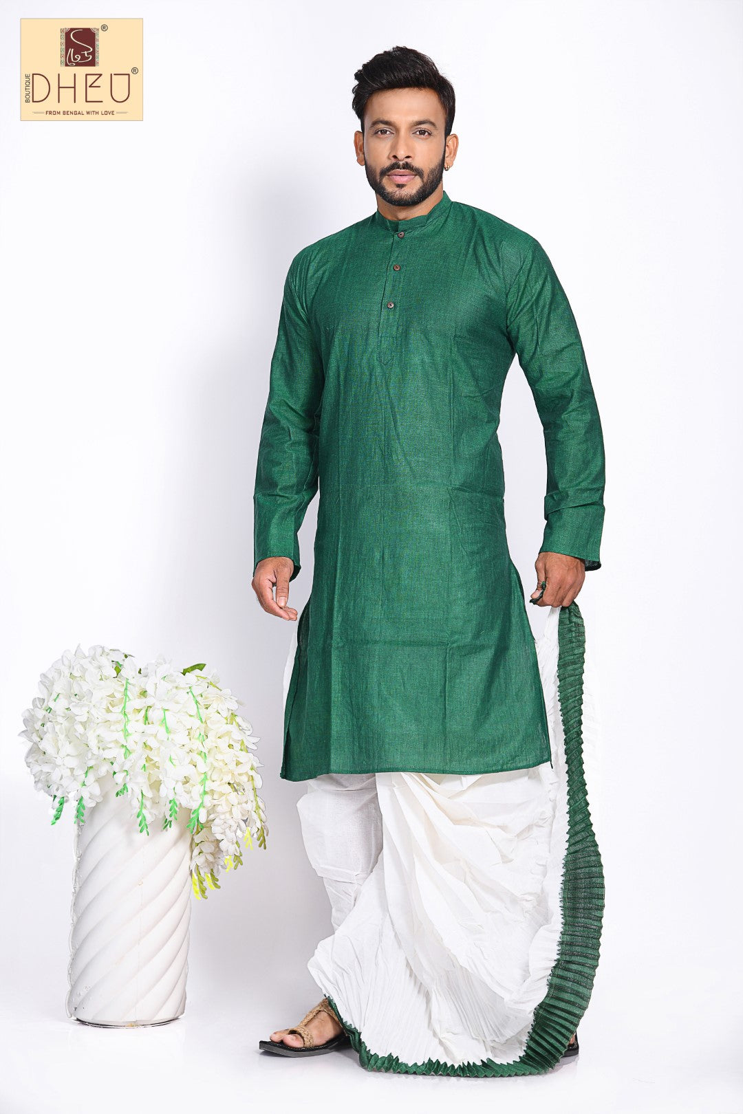 Sophisticate green kurta with designer white green dhoti only at dheu.in