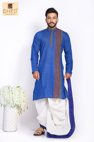 Blue Kurta with Khes Border- Dhoti(optional) Kurta Full Set