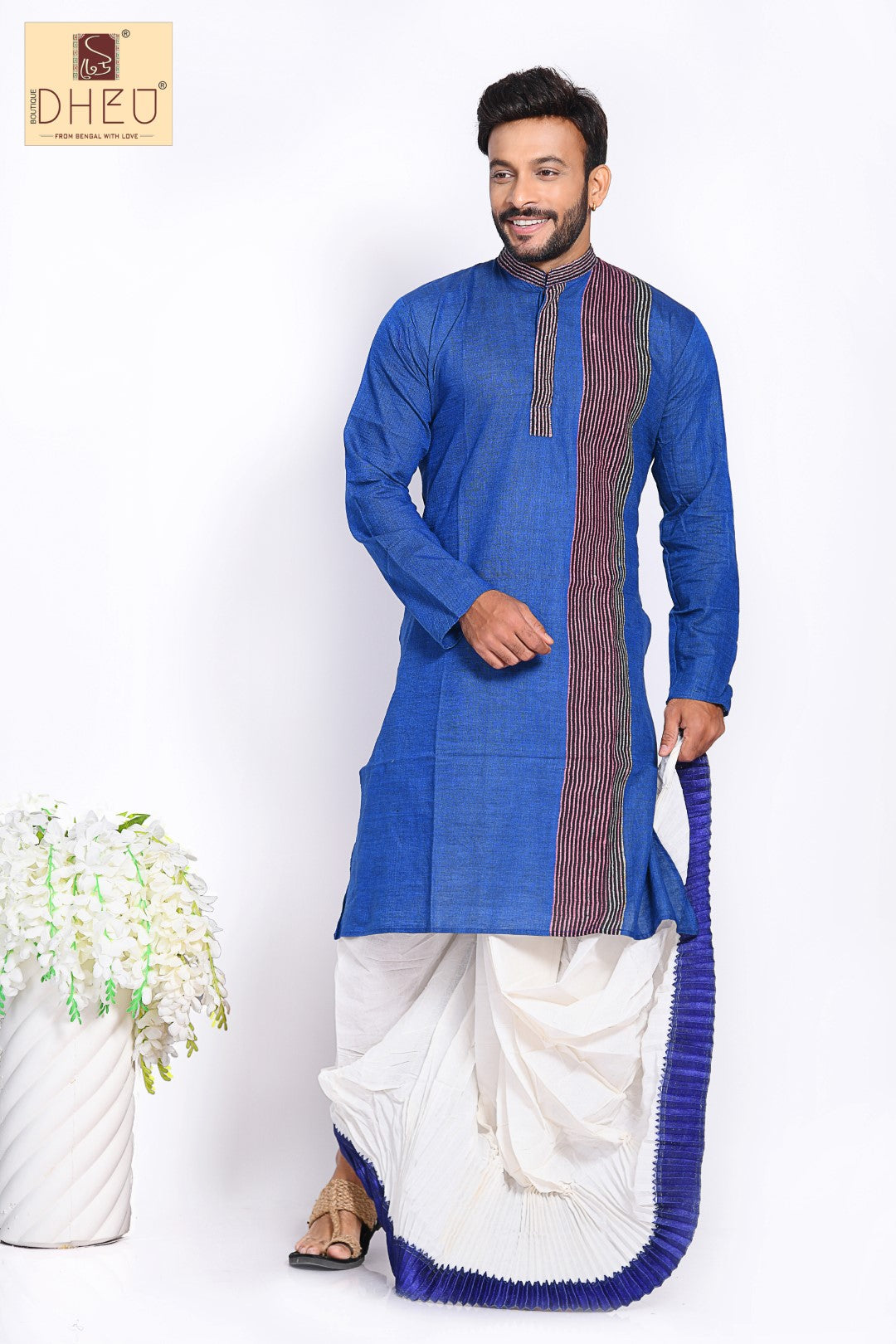 designer blue  kurta with khes border and white ready to wear dhoti from dheu.in