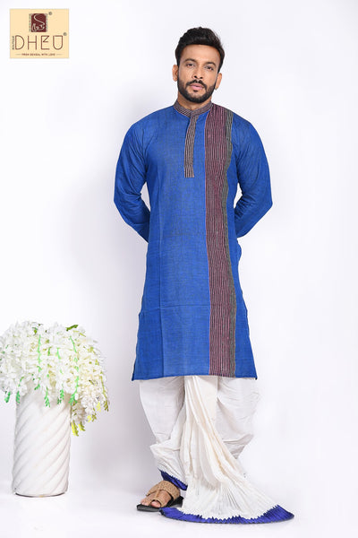 Blue Kurta with Khes Border- Dhoti(optional) Kurta Full Set