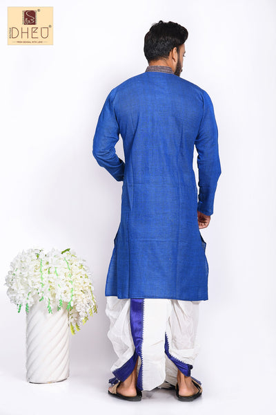 Blue Kurta with Khes Border- Dhoti(optional) Kurta Full Set