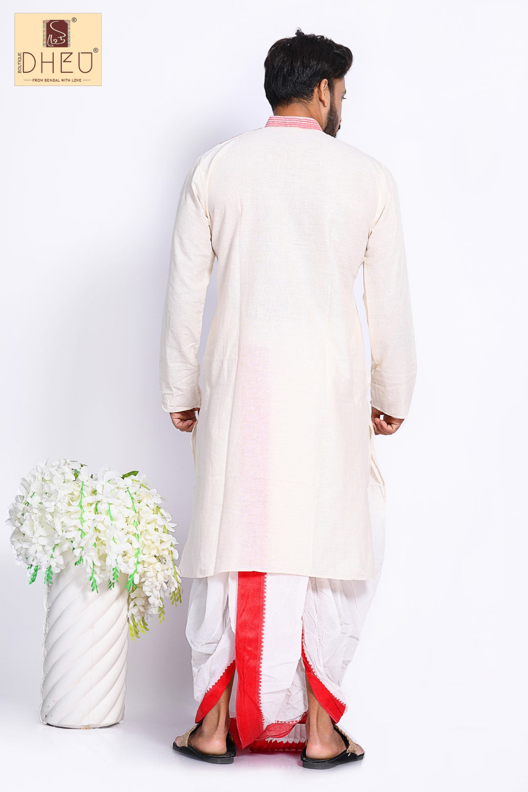 White Kurta with Khes Border- Dhoti Kurta Full Set