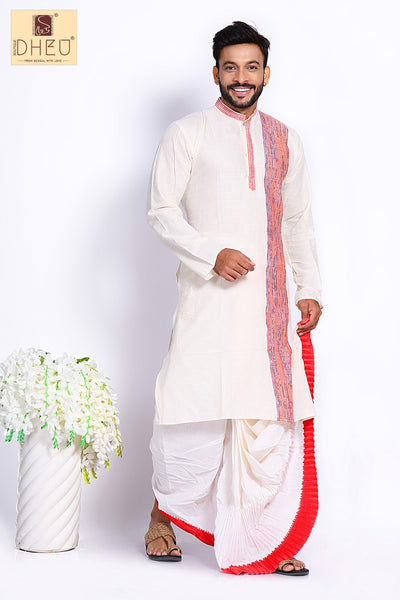 Casual white kurta with designer red white designer dhoti only at dheu.in