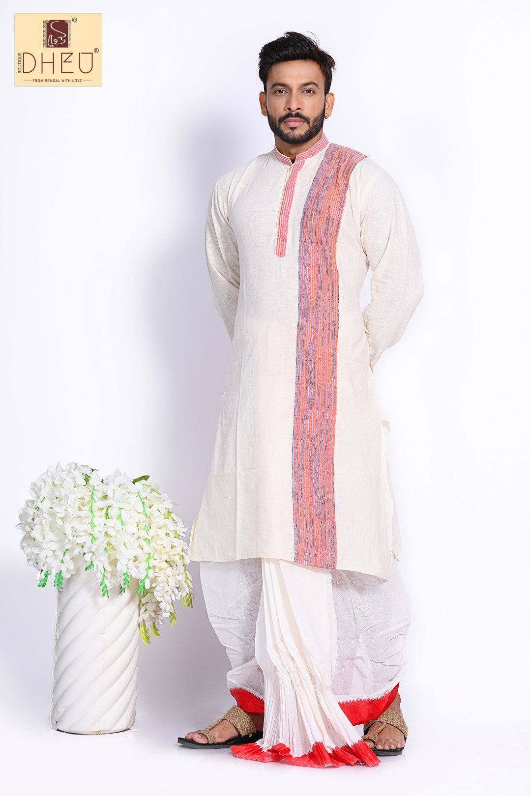 White Kurta with Khes Border- Dhoti Kurta Full Set