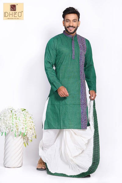 Classic green kurta with green & white designer dhoti from dheu.in