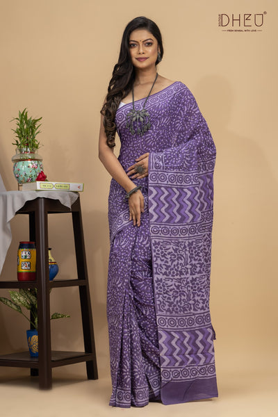 Designer Handloom  Cotton with Ajrakh print saree at lowest price at dheu.in