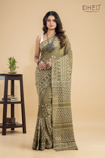 Designer Handloom  Cotton with Ajrakh print saree at lowest price at dheu.in