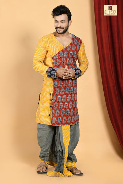 Perfect yellow kurta with grey ready to wear dhoti from dheu.in