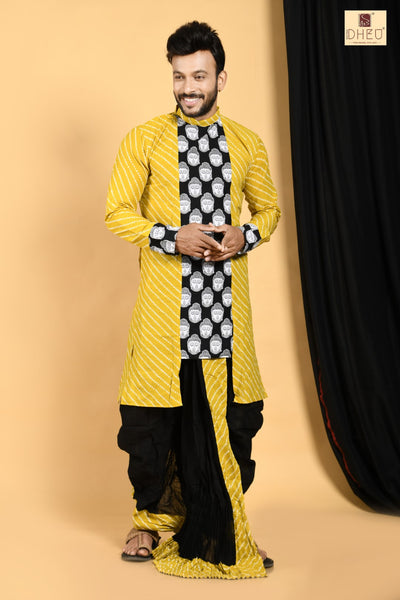 vibrant yellow and black kurta with black ready to wear dhoti from dheu.in